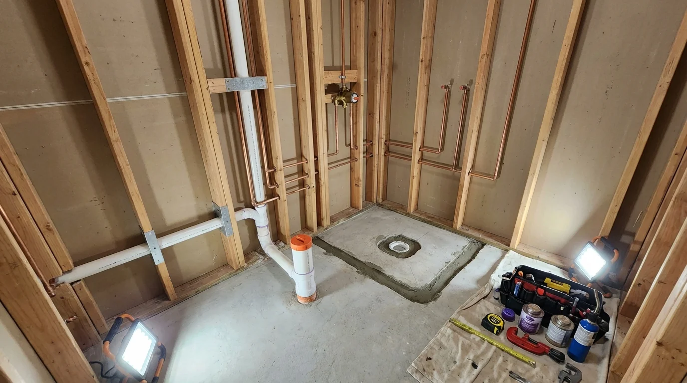 Bathroom rough-in plumbing during remodel by Johns Plumbing LLC in Glen Alpine