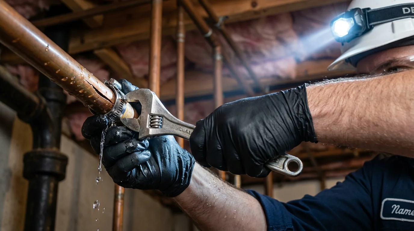 Emergency pipe clamp repair being performed by a Johns Plumbing LLC plumber in Glen Alpine