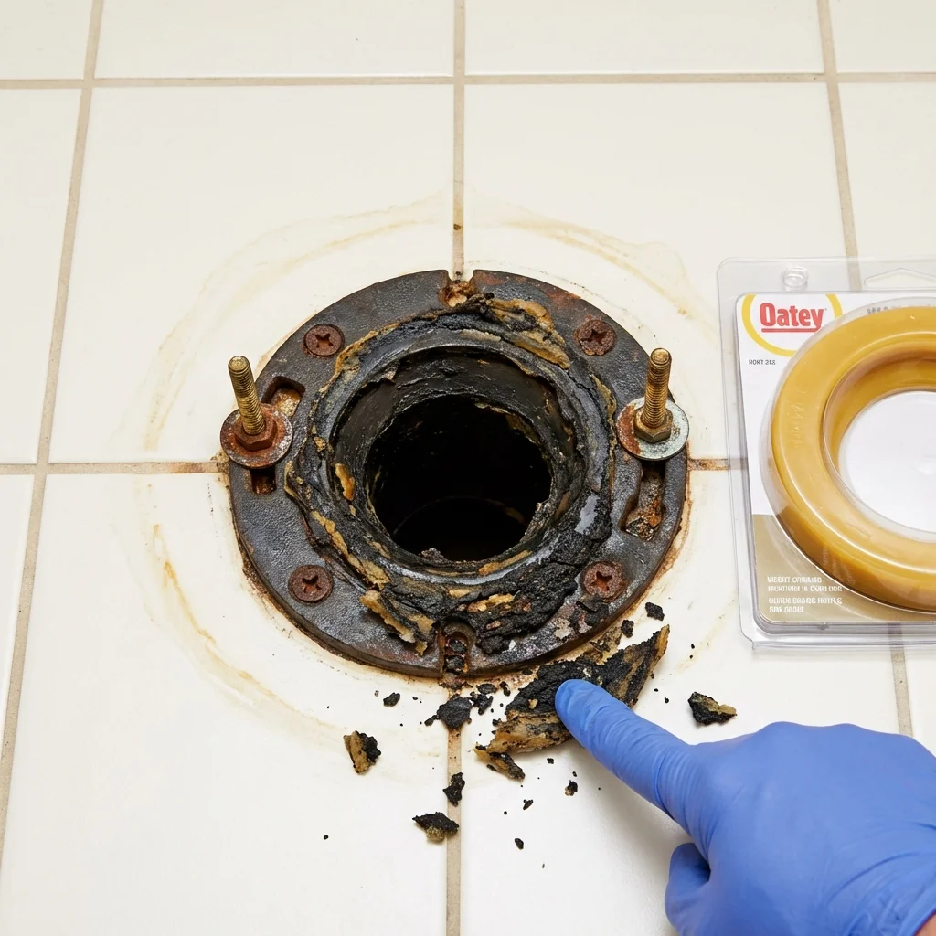 Failed wax ring showing water seepage at the base of a toilet in a Glen Alpine, NC home