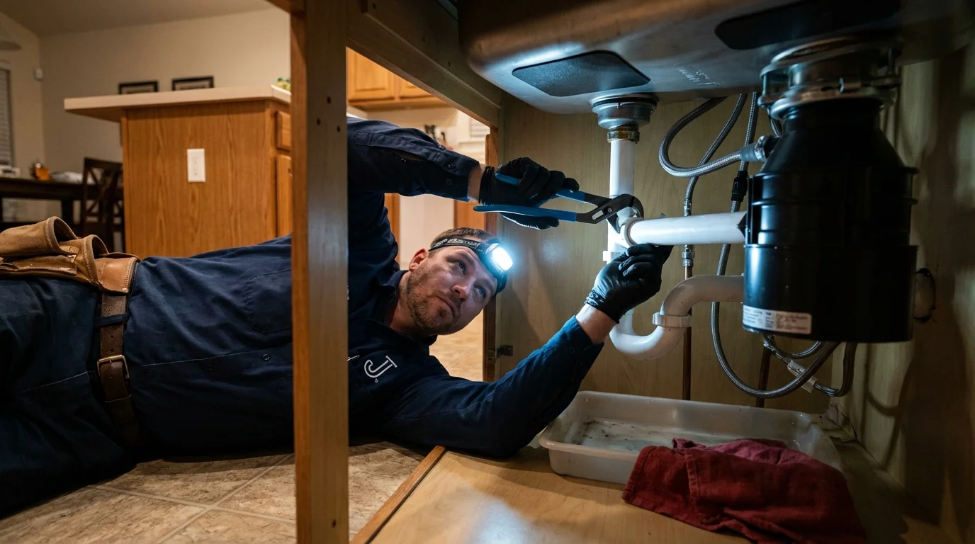 P-trap and supply line connections under a kitchen sink showing a common leak point in Glen Alpine, NC